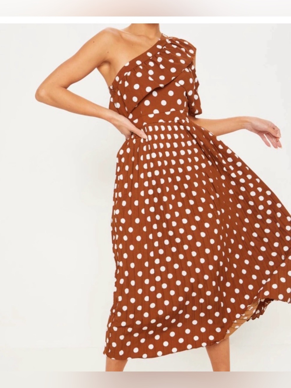 Pretty Little Thing Women's One-Shoulder Brown Polka Dot Midi Dress Size 4